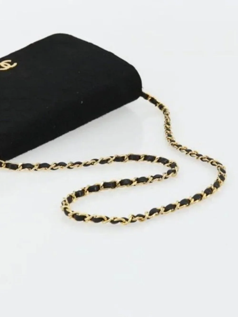 CHANEL Matelasse Chain Shoulder Bag Cotton Black Gold CC Auth bs34514